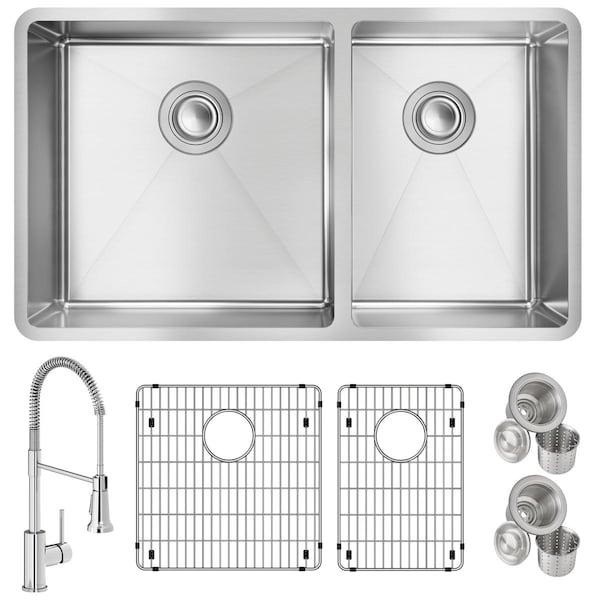 Elkay 18 Gauge SS 31-1/2" x 18-1/2" x 9" 60/40 Dbl Bowl Undermnt Sink and Faucet Kit w/ Btm Grid and Drain ECTRU32179RTFBC - main